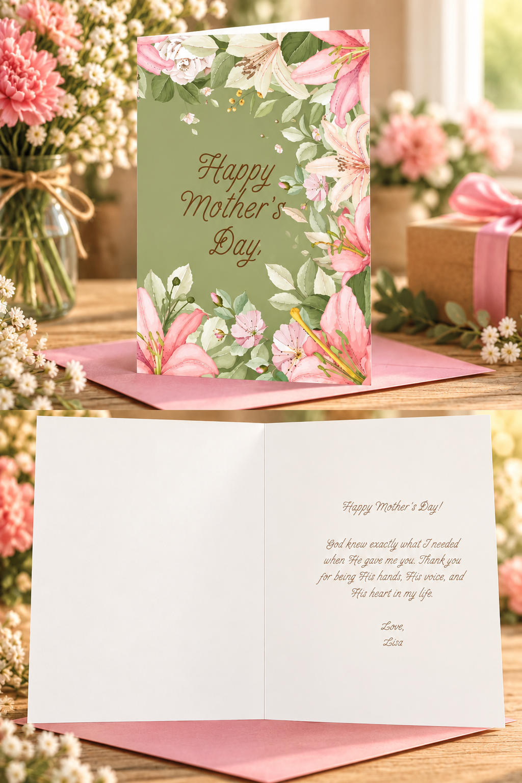 An elegant Mother’s Day card with a botanical floral frame and warm sage tones romantic, refined, and timeless.