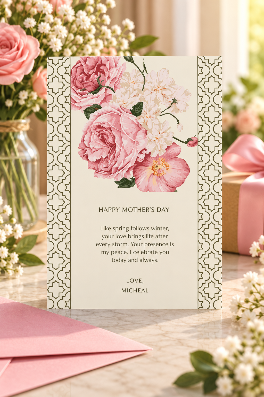A vintage inspired Mother’s Day card with soft pink roses, a clean layout, and a warm, thoughtful message. Just sign your name and give it to the one you love.