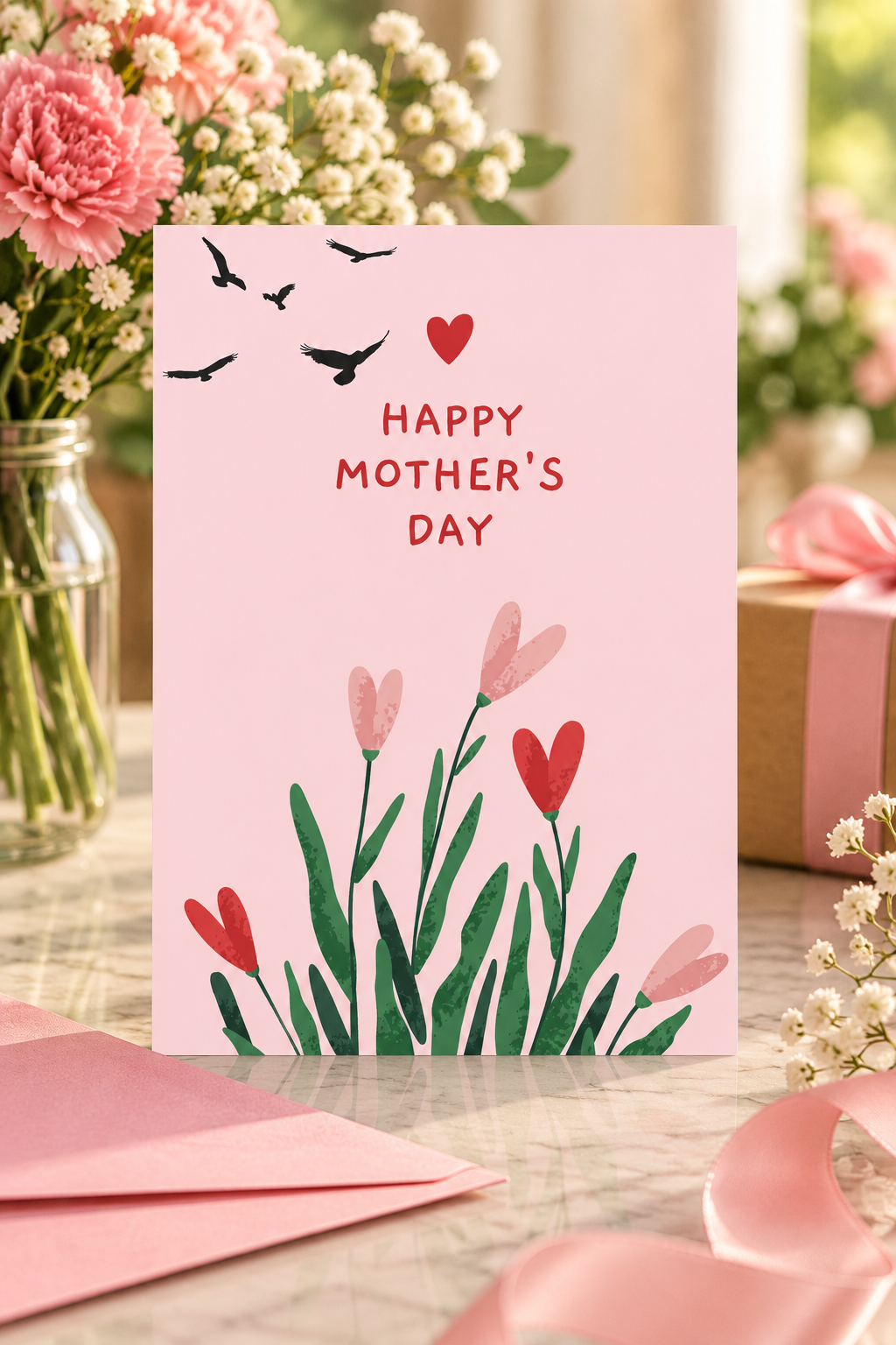 A minimal Mother’s Day card with a soft blush background, simple hand drawn lettering, and a charming illustrated floral scene.