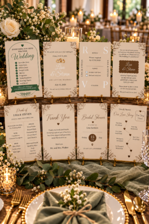 Rustic line art floral wedding invitation suite bundle with matching RSVP card, bridal shower invite, and love story timeline.