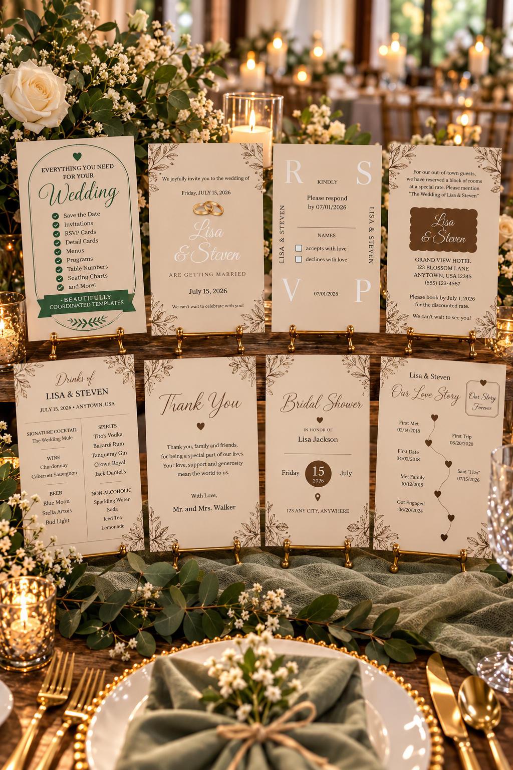 Rustic line art floral wedding invitation suite bundle with matching RSVP card, bridal shower invite, and love story timeline.