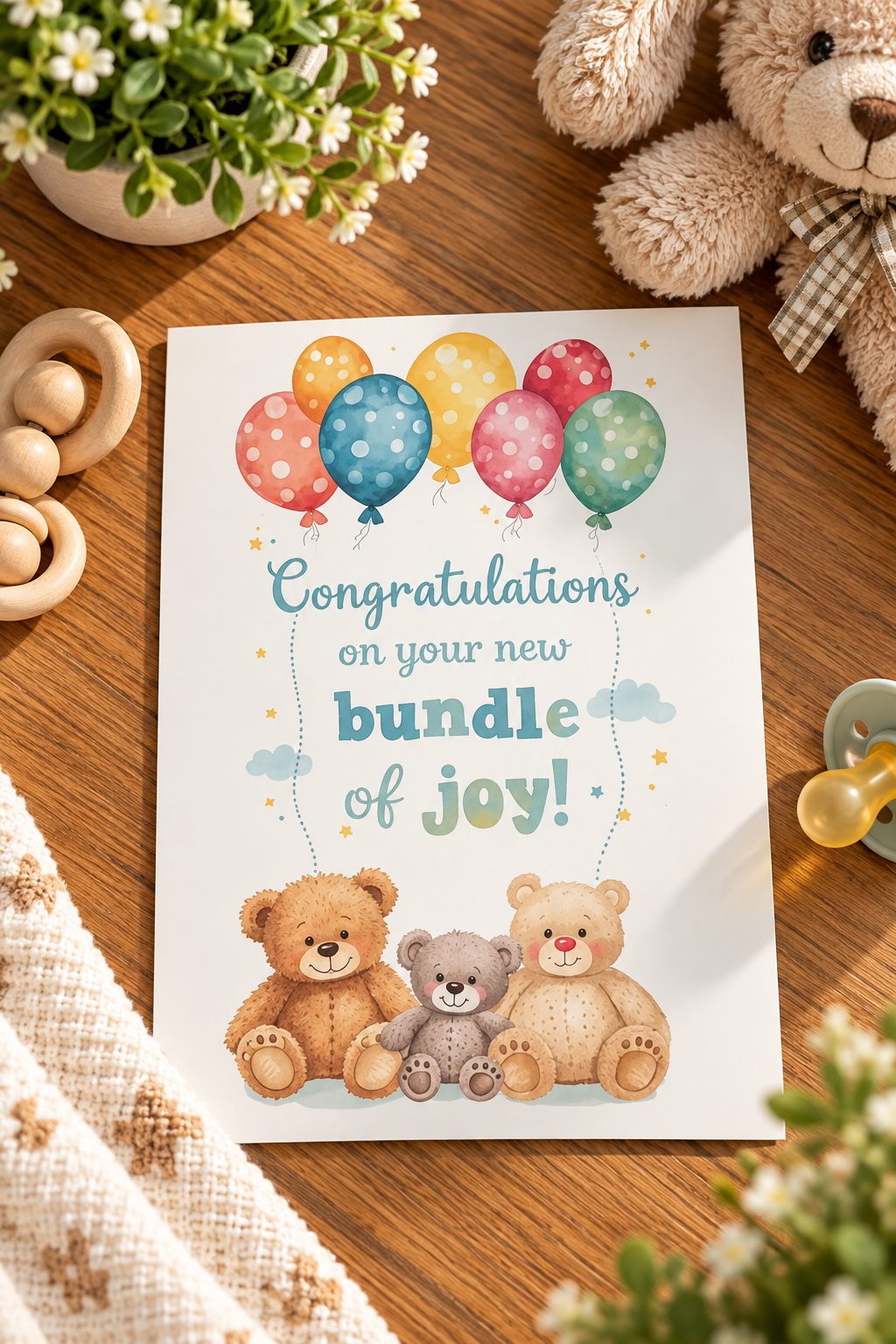 Designed with playful balloon illustrations and soft, welcoming colors, this card captures the excitement.
