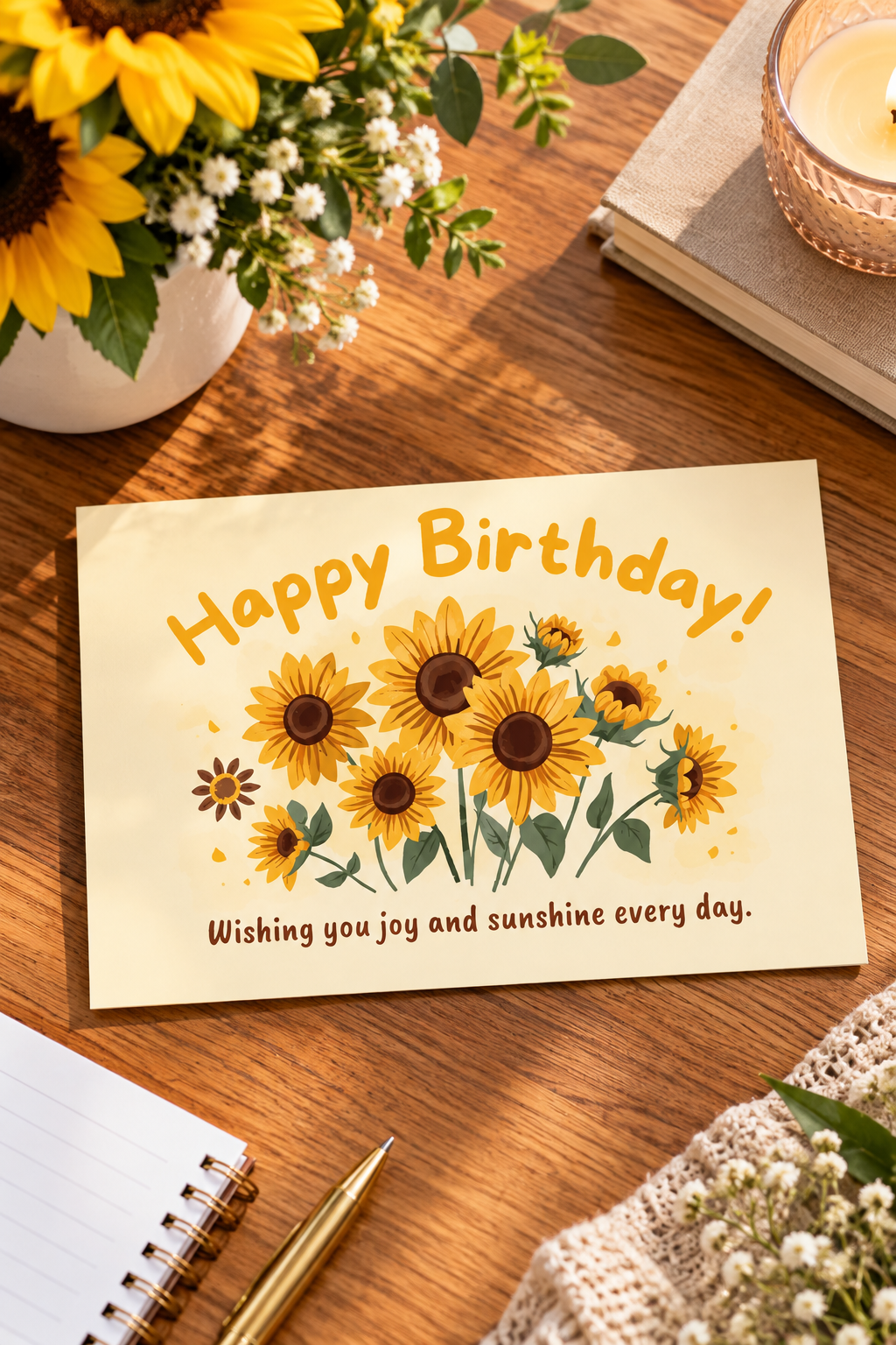 A cozy cream colored birthday greeting card featuring an illustration of a bright bouquet of blooming yellow sunflowers with green leaves, arched by playful yellow text reading 'Happy Birthday!'.