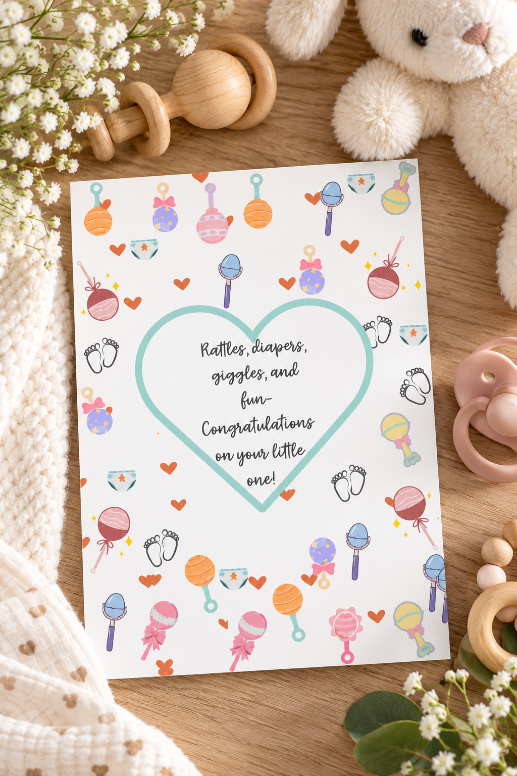 Featuring soft pastel tones, sweet baby themed illustrations, and warm congratulatory wording, this card is perfect for welcoming a baby boy, baby girl, or keeping things delightfully gender neutral.