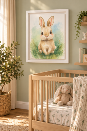 Cute watercolor bunny rabbit sitting in soft green grass, displayed as framed printable nursery wall art.