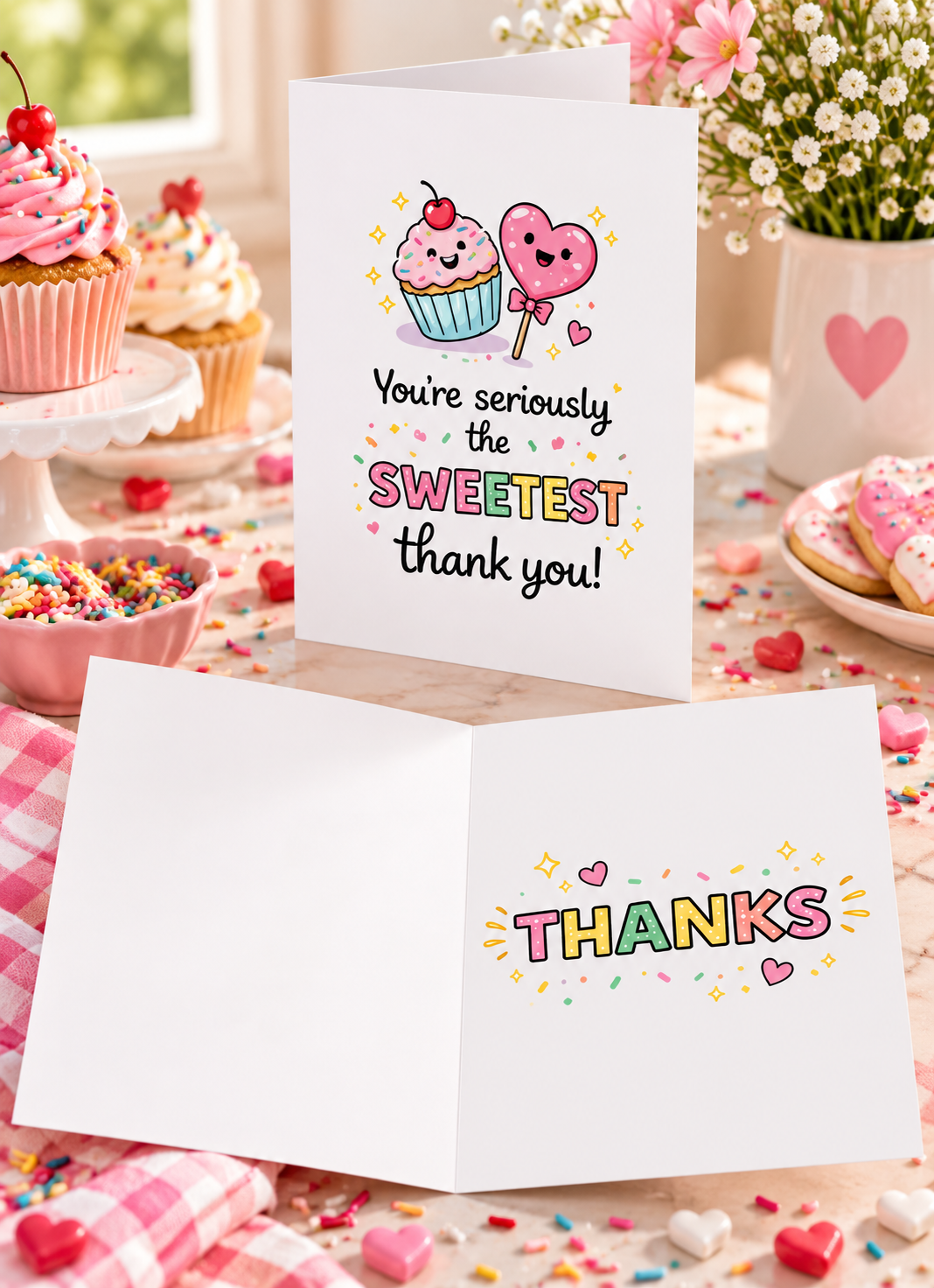Featuring a smiling cupcake and heart shaped lollipop, this playful design is paired with the message You’re seriously the sweetest, thank you.