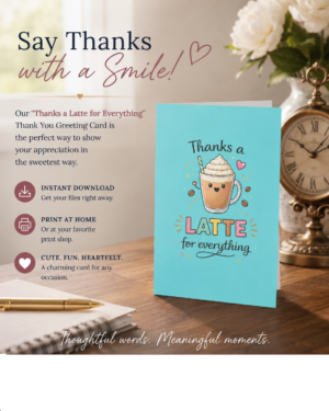 A fun and heartwarming coffee themed thank you card featuring the message “Thanks a LATTE for everything.” Standing on a decorative desk.