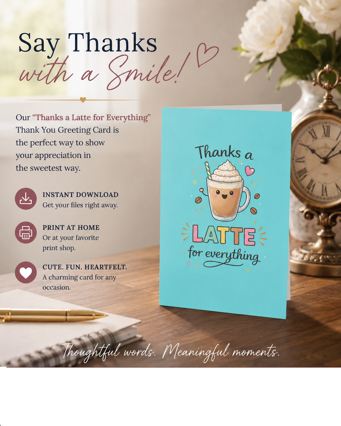 A fun and heartwarming coffee themed thank you card featuring the message “Thanks a LATTE for everything.” Standing on a decorative desk.