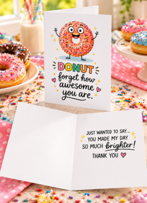 Featuring a cheerful sprinkle donut character and the playful phrase DONUT forget how awesome you are, this design is perfect for expressing appreciation in a fun, lighthearted way.