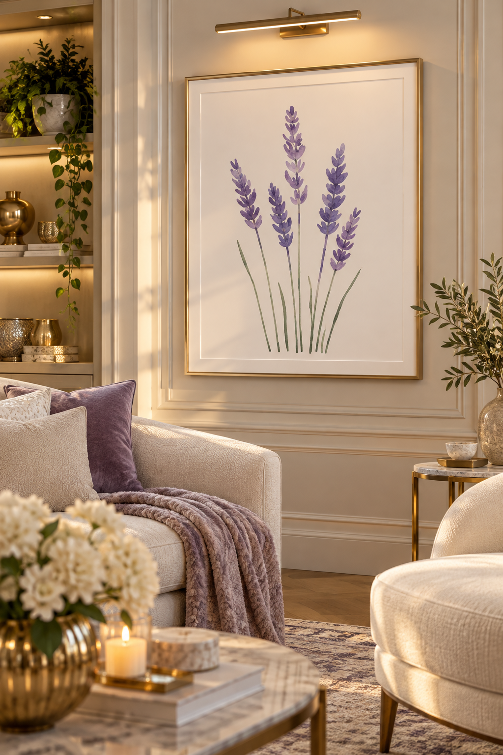 Delicate purple watercolor lavender stems displayed in a white frame, elegant printable floral wall art for home decor.