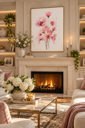 Soft pink watercolor flowers with delicate stems displayed in a white frame, romantic printable floral wall art.
