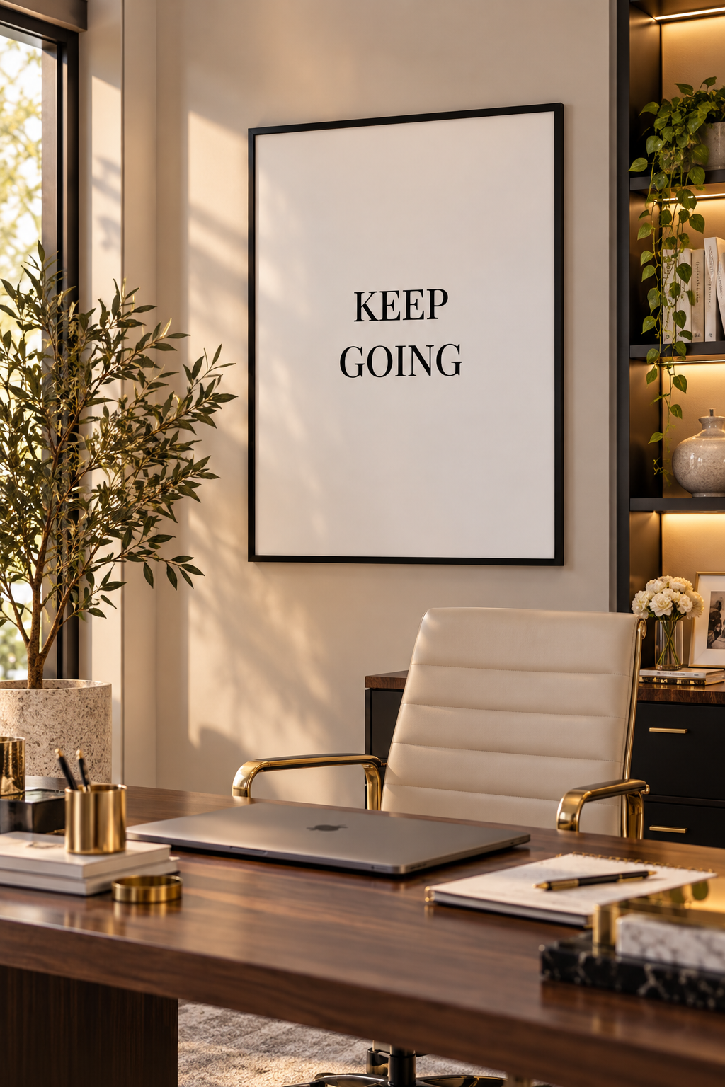 Minimalist black and white printable wall art featuring the inspirational quote “Keep Going” in a simple black frame.