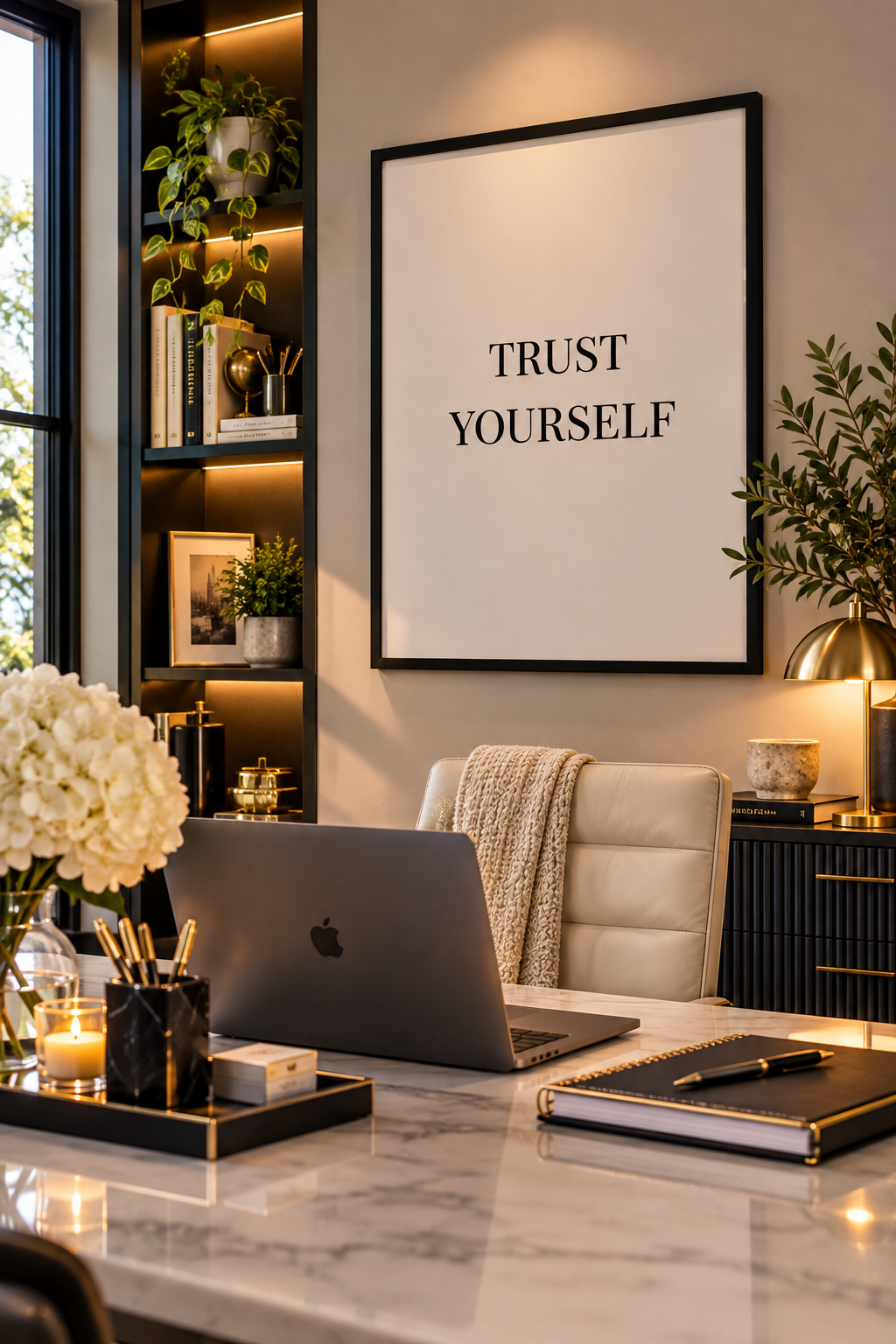 Black and white motivational quote poster featuring “Trust Yourself” in classic typography, displayed in a minimalist black frame.