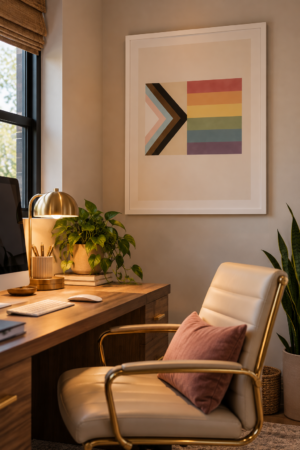Progress Pride flag printable wall art featuring rainbow stripes and a multicolored chevron design in a white frame.
