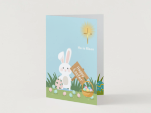 Christian Easter Card – He is Risen Printable Easter Bunny & Cross Faith-Based Greeting Card