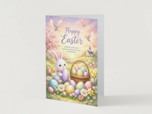 Premium Easter Card – Bunny, Church, Sunrise & Floral Happy Easter Printable Greeting Card