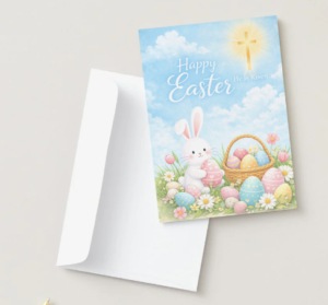Christian Easter Card – Happy Easter Bunny, Cross & Sky Printable Faith Greeting Card