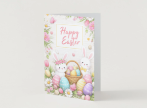 Cute Easter Bunny Card – Floral Happy Easter Printable with Basket & Pastel Eggs Card