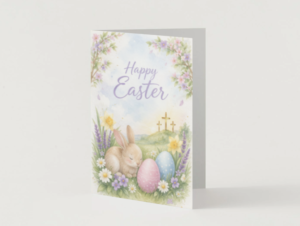 Elegant Christian Easter Card – Watercolor Bunny, Cross & Floral Happy Easter Printable Card