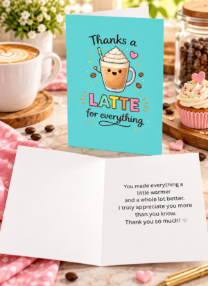 Featuring an adorable latte illustration and the playful message Thanks a LATTE for everything card on a decorative table.