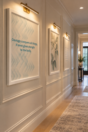 Framed motivational wall art featuring the quote “Courage conquers all things” in blue typography with geometric patterns.