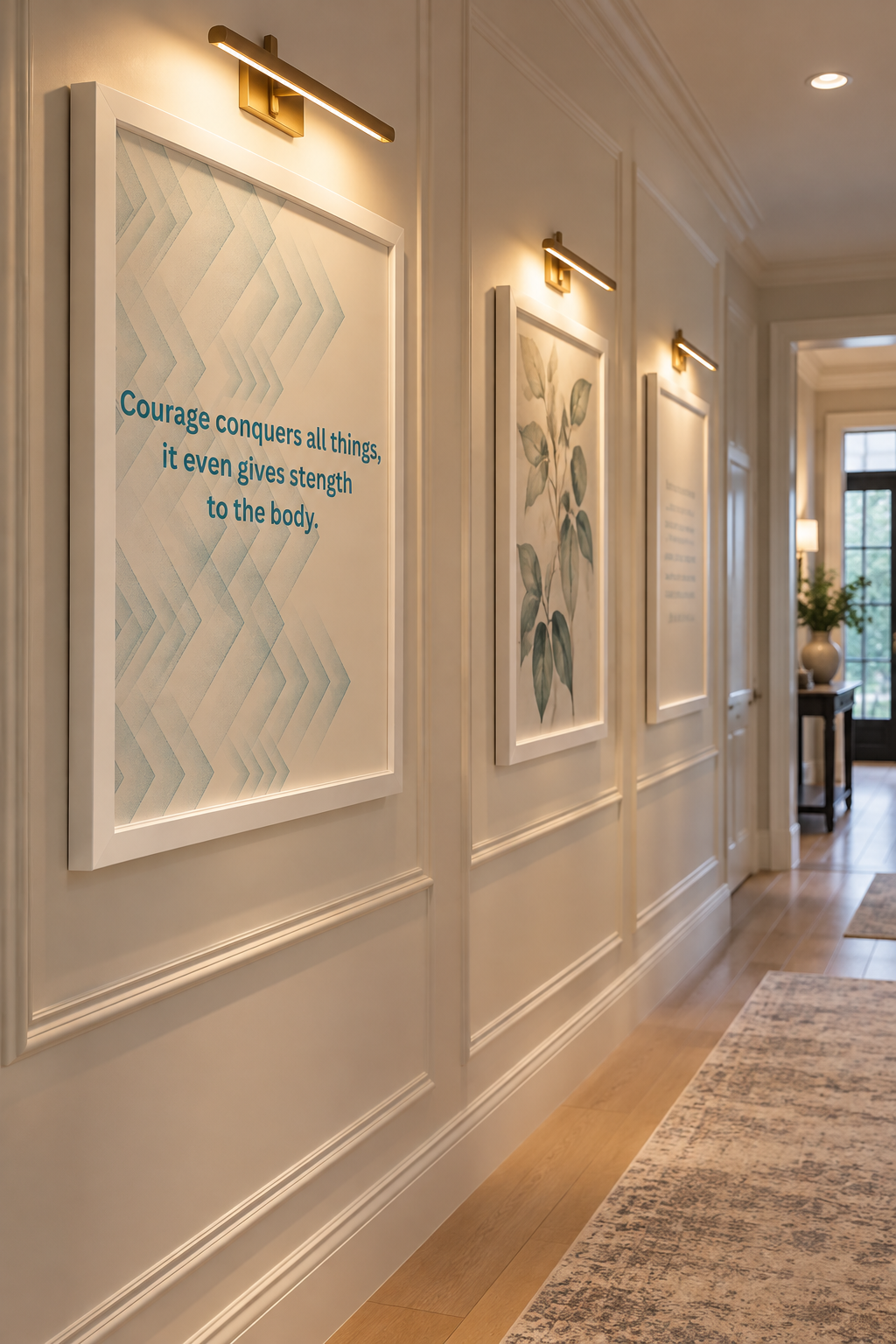 Framed motivational wall art featuring the quote “Courage conquers all things” in blue typography with geometric patterns.