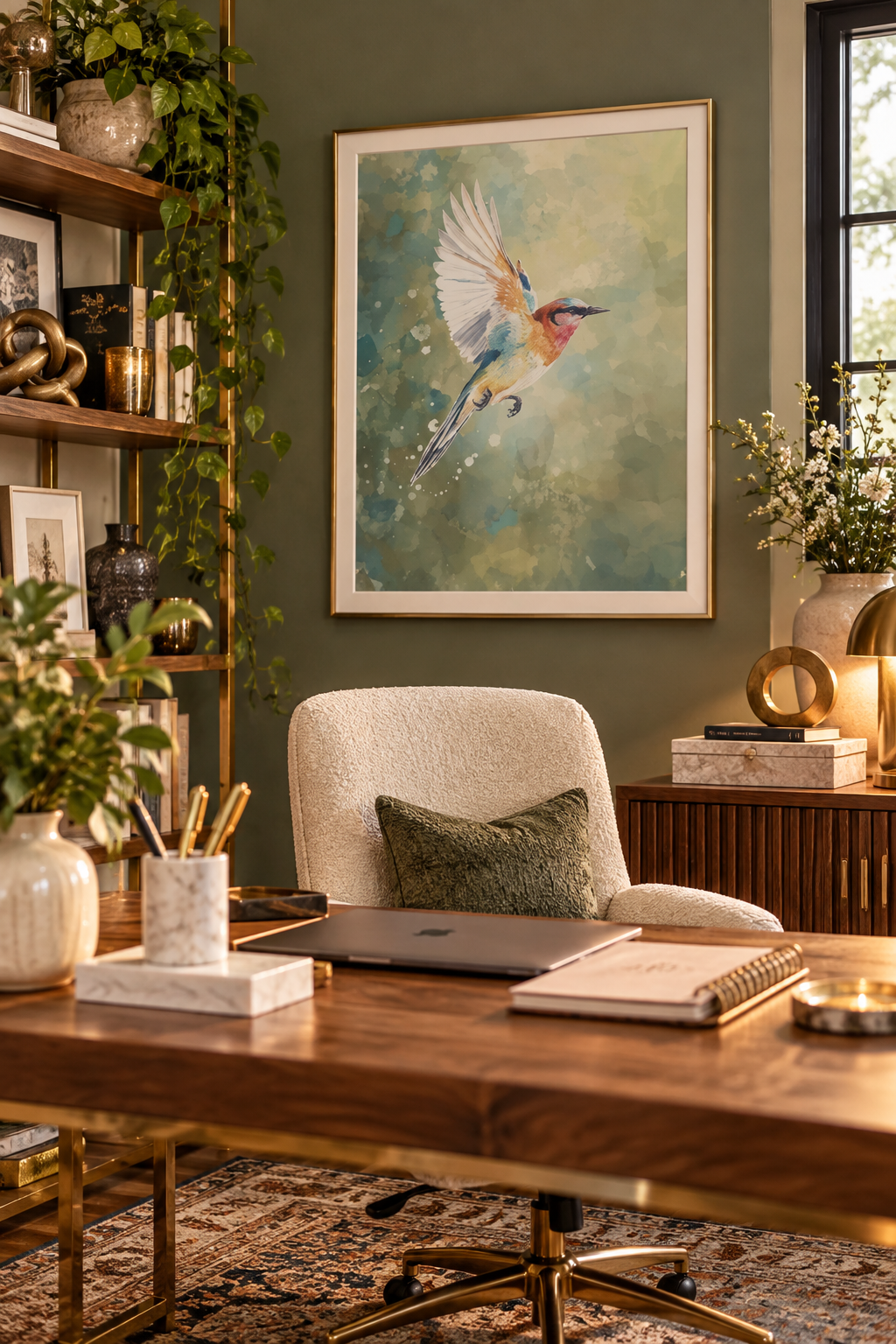 Watercolor bird in flight with soft blue, gold, and brown feathers against a muted green background, displayed in a white frame.