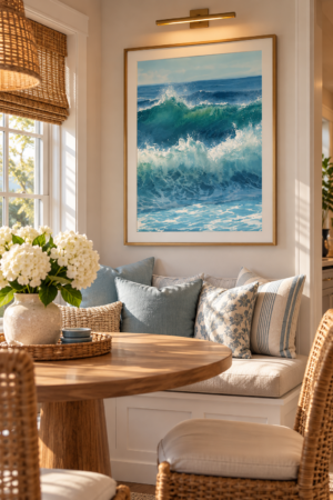 Framed ocean wave wall art featuring crashing turquoise and blue waves with white seafoam, printable coastal home decor.