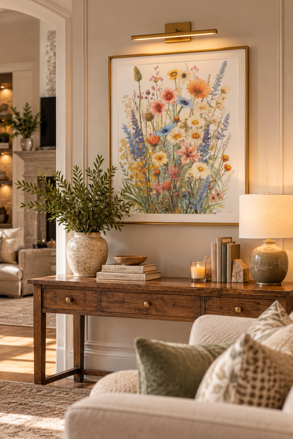 Colorful watercolor wildflower bouquet featuring daisies, lavender, and pastel blossoms, displayed as framed botanical wall art.