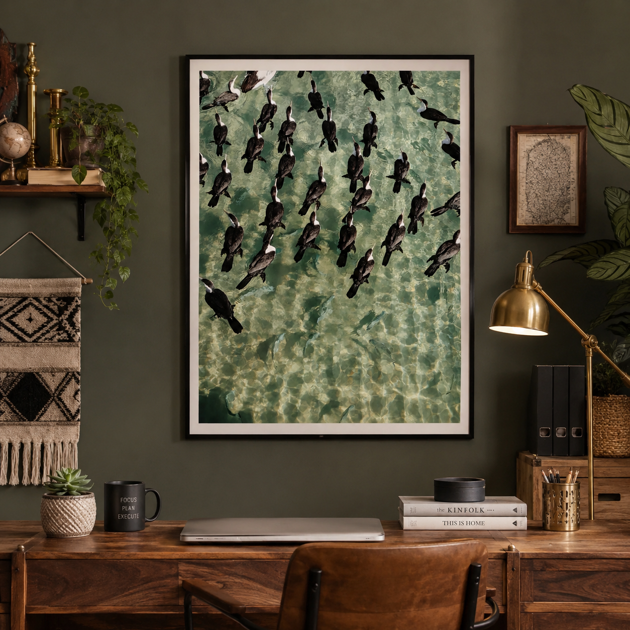 a group of seabirds gliding across shallow ocean waters, creating a striking pattern against the vibrant teal sea poster.
