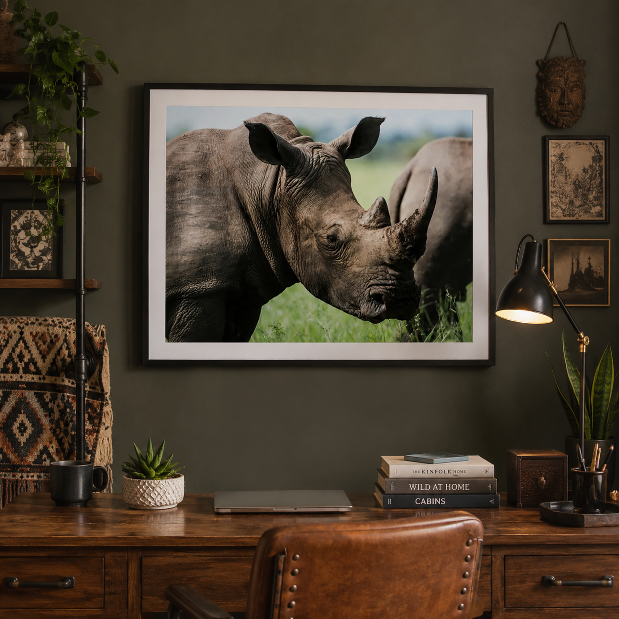a rhinoceros standing in its natural environment, highlighting the animal’s textured skin, impressive horn, and commanding presence poster.