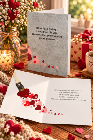 Express your love in a creative and meaningful way with this artistic heart themed greeting card. Featuring a paintbrush sweeping vibrant hearts across the page, this design beautifully symbolizes love as something created, shared, and felt deeply.