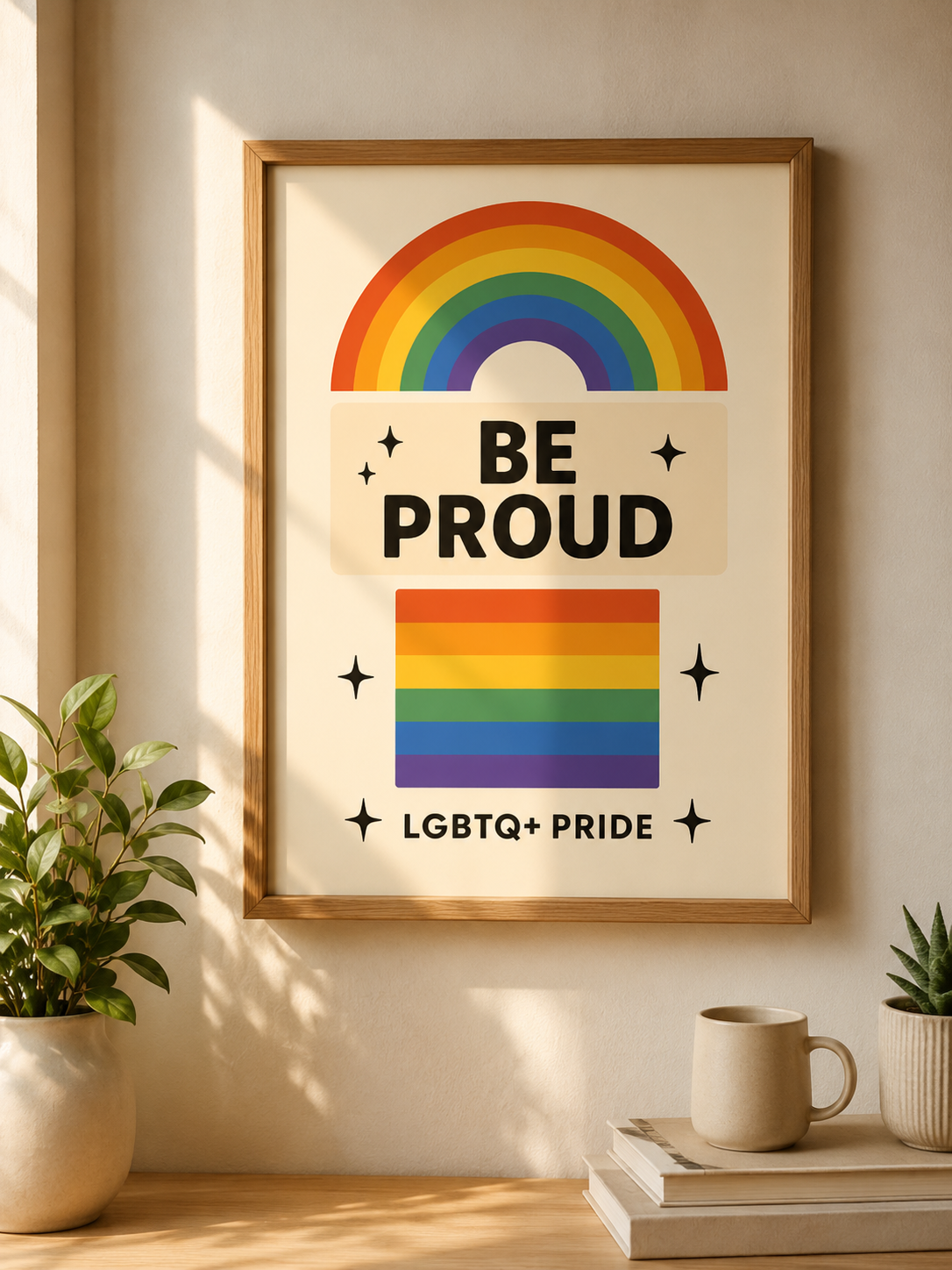 Be Proud LGBTQ+ Poster. This clean and modern design features a bold rainbow arch, colorful Pride flag elements, and minimalist typography that delivers a powerful message of acceptance and empowerment with a Be Proud LGBTQ+ message.