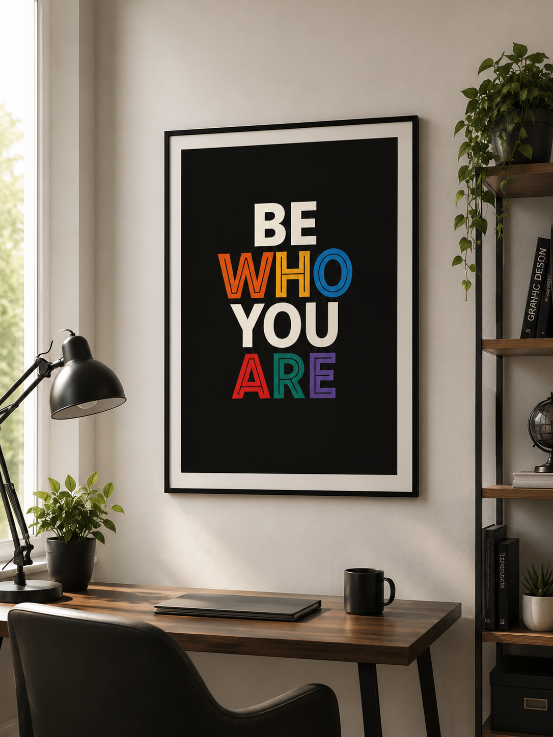 Be Who You Are Poster. Featuring vibrant rainbow typography on a bold black background poster on the wall above a home office desk.