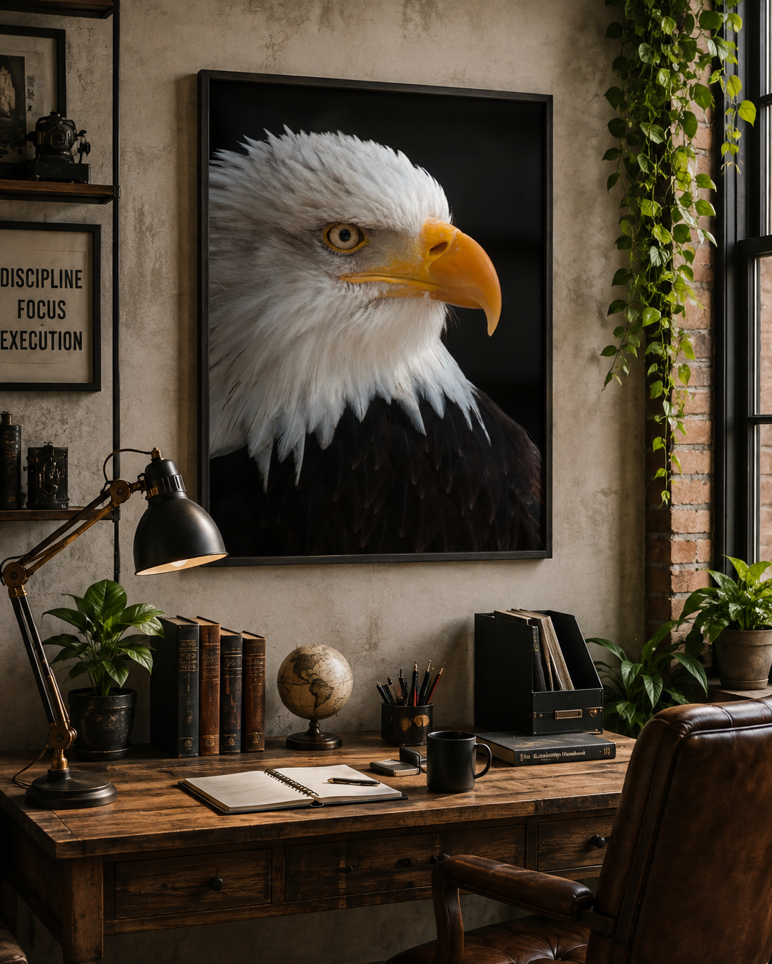 powerful wildlife photograph highlights the intense gaze, detailed feathers, and bold features of the American bald eagle poster on the wall above a office desk.
