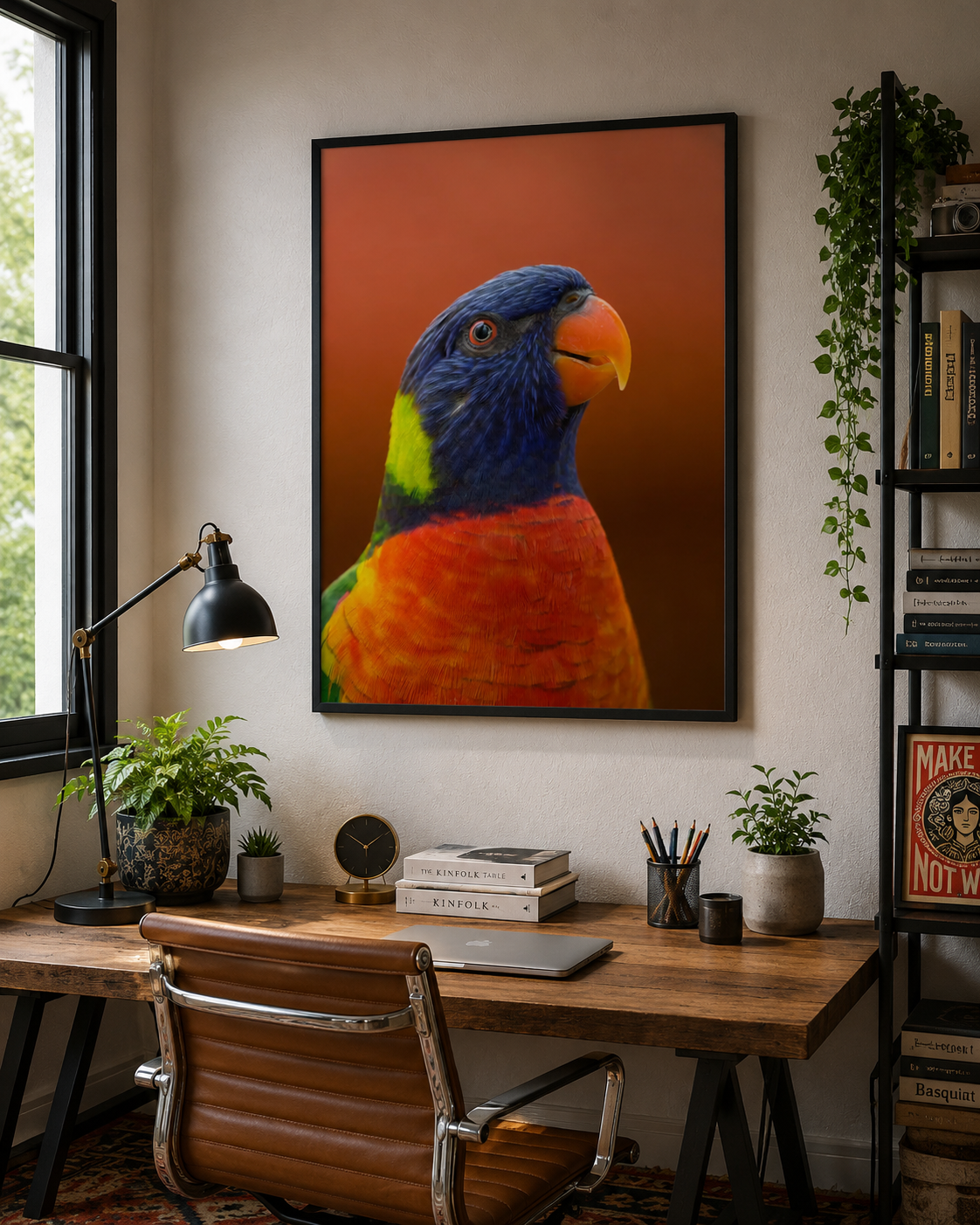 Rainbow Lorikeet Poster. This striking wildlife photograph showcases the vivid colors of the lorikeet parrot, including its bright orange chest, deep blue head, and vibrant green and yellow feathers in a Rainbow Lorikeet Poster