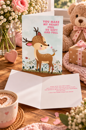 Celebrate love in the sweetest and most heartwarming way with this adorable deer themed greeting card. Featuring a charming illustration of a gentle deer with soft floral details and a tiny bird companion, this design captures a feeling of pure, comforting love.