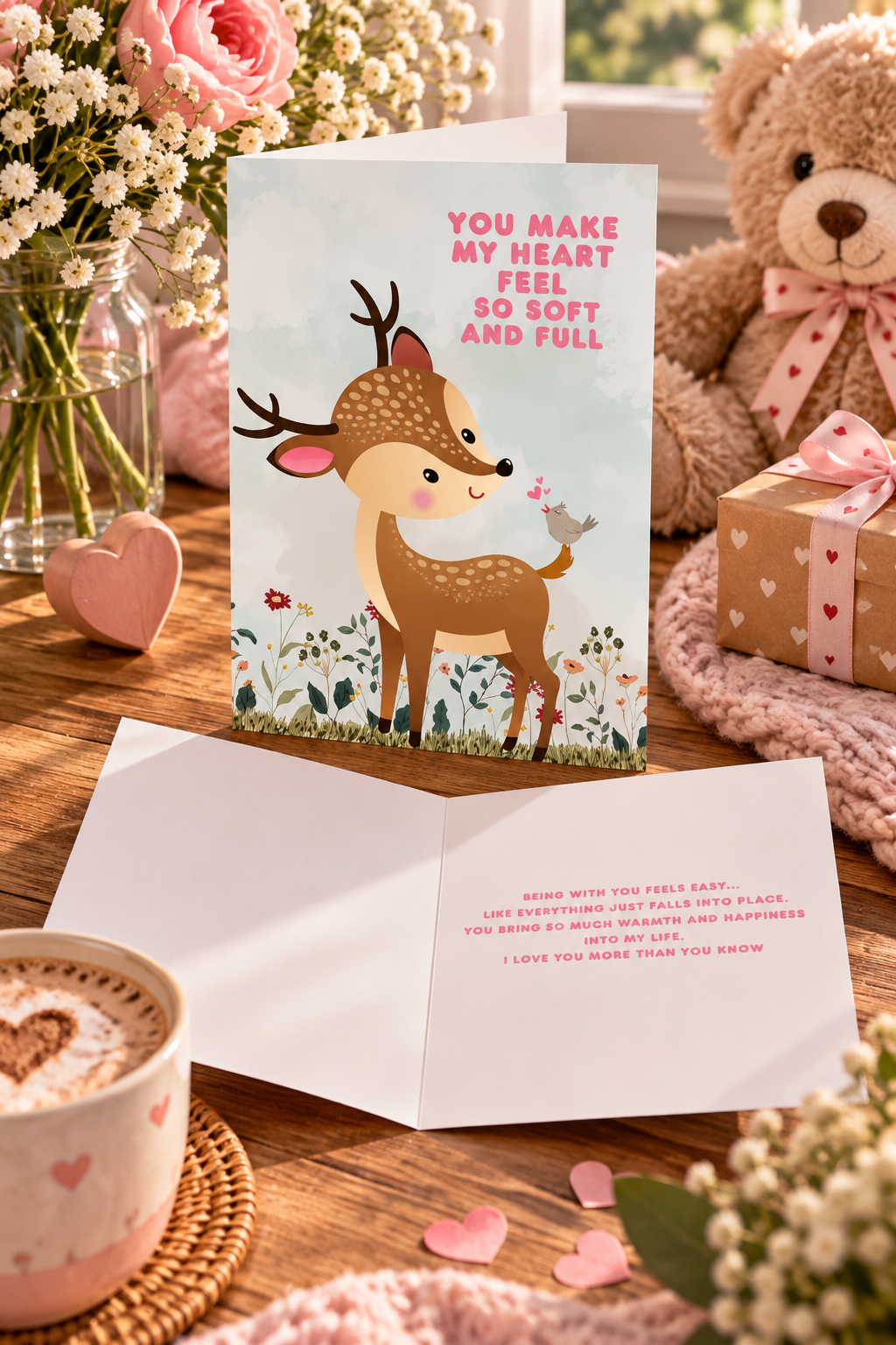 Celebrate love in the sweetest and most heartwarming way with this adorable deer themed greeting card. Featuring a charming illustration of a gentle deer with soft floral details and a tiny bird companion, this design captures a feeling of pure, comforting love.