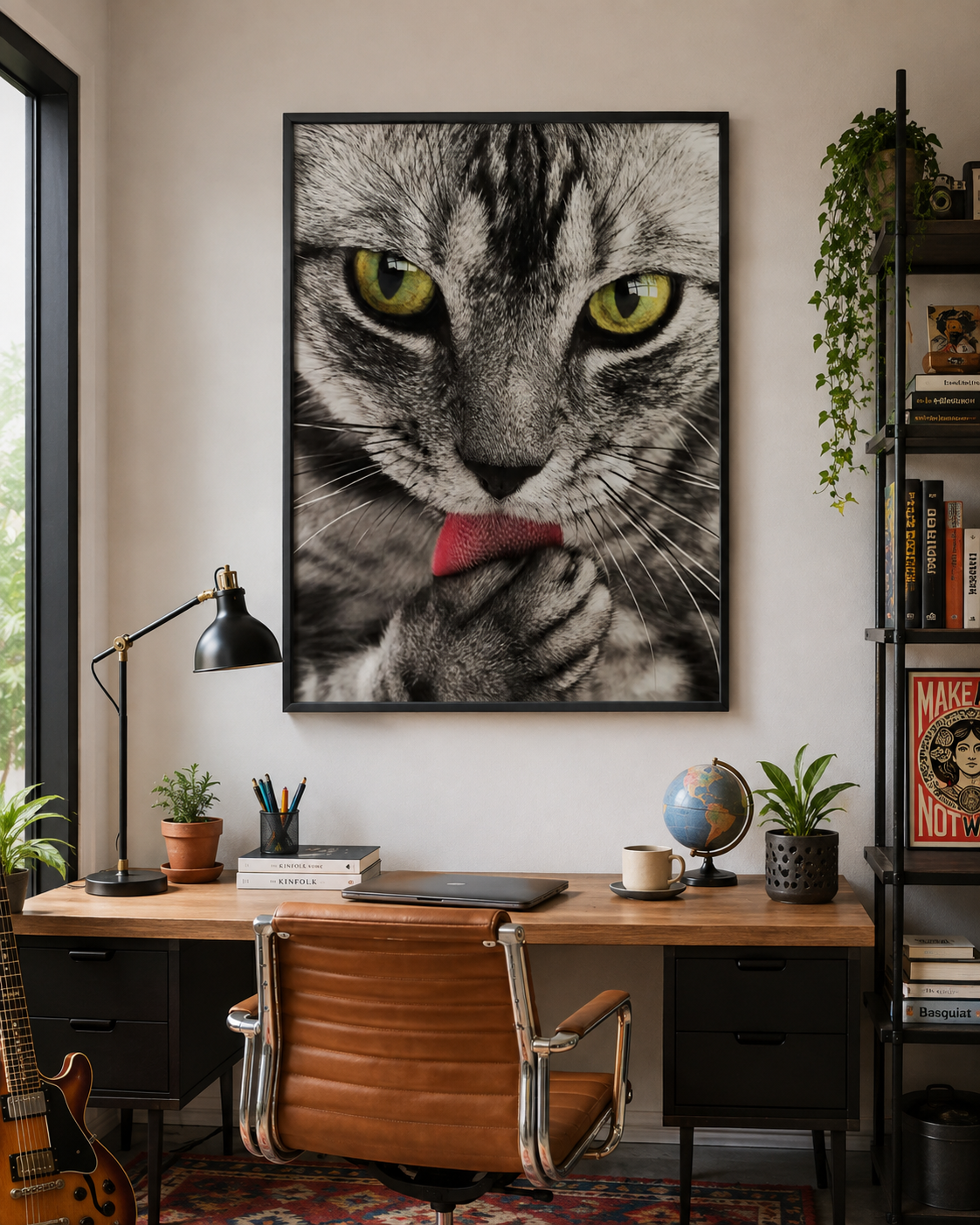 This delightful animal photograph captures a playful kitten licking its paw, highlighting its expressive green eyes and soft striped fur poster.