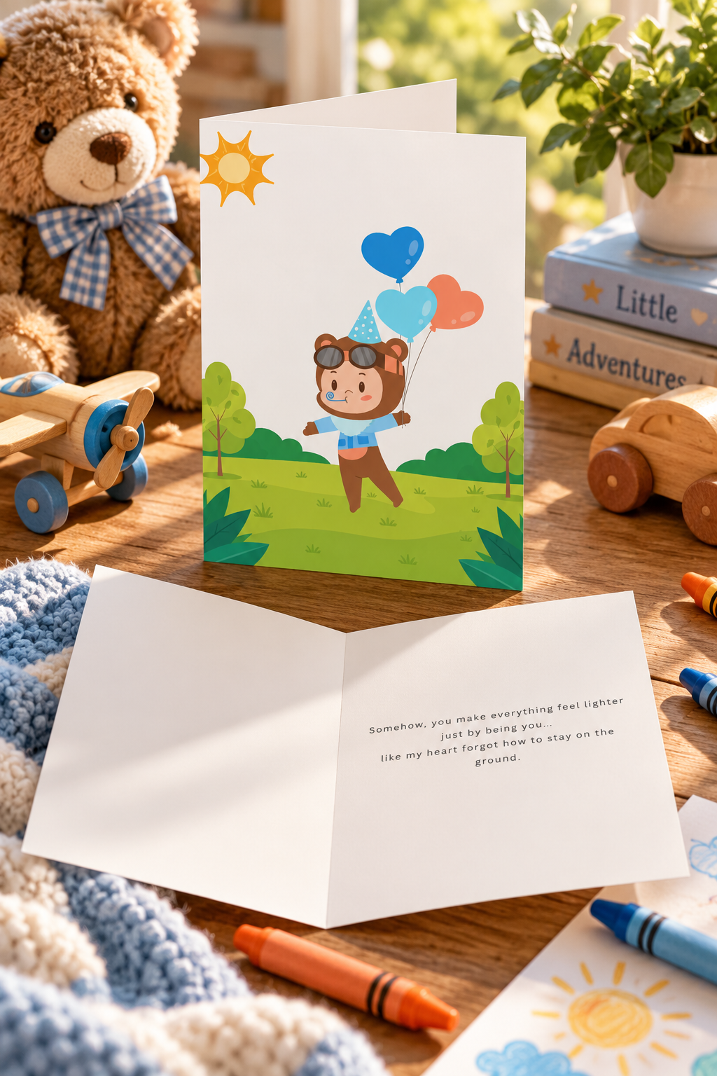 Celebrate love in a fun, lighthearted way with this adorable balloon themed greeting card. Featuring a charming character floating with heart shaped balloons, this design pairs perfectly with the heartfelt message says Somehow, you make everything feel lighter just by being you. 5x7 size card.