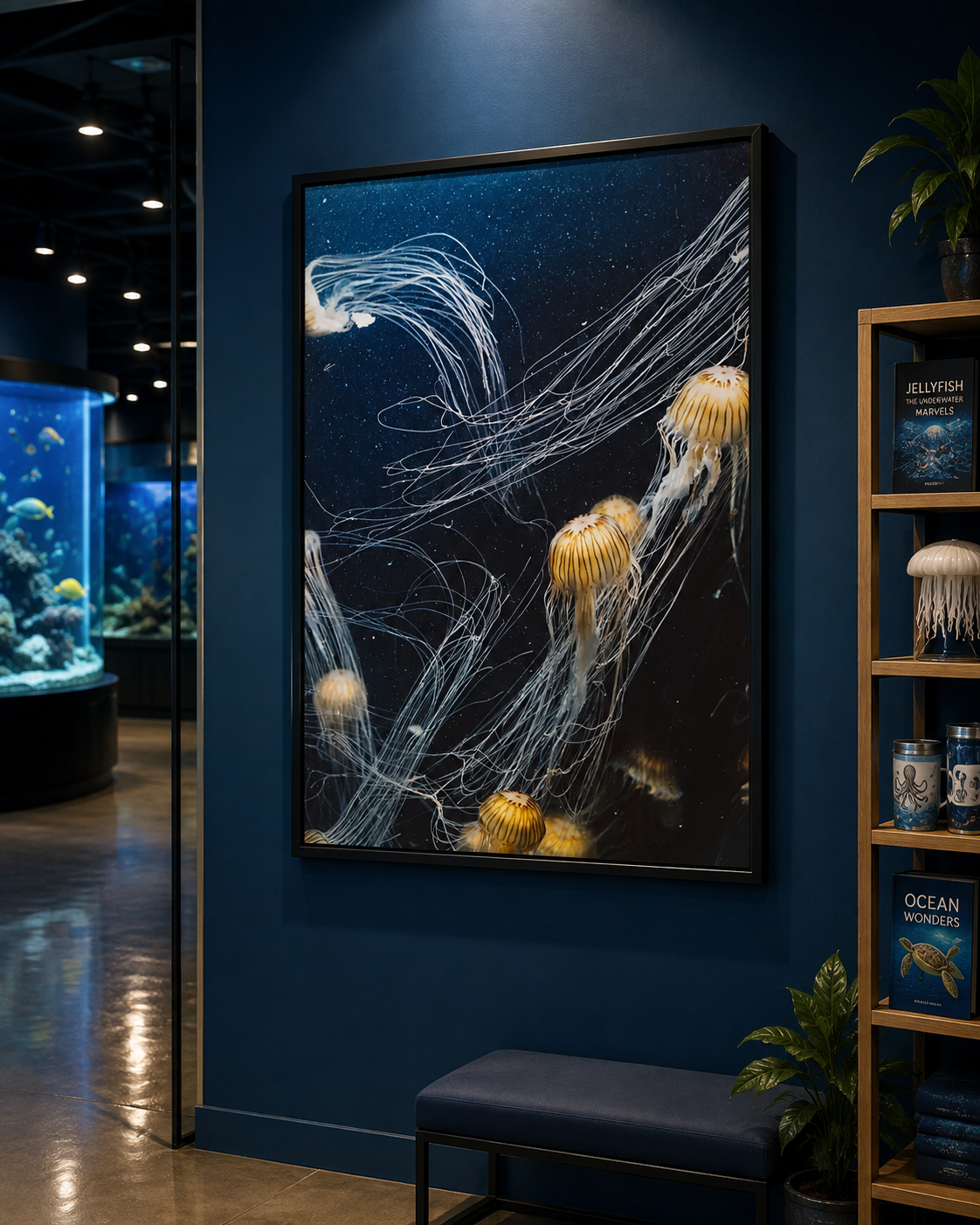 This underwater photograph captures delicate jellyfish floating gracefully through dark blue waters, their glowing bodies and trailing tentacles creating an ethereal display poster.