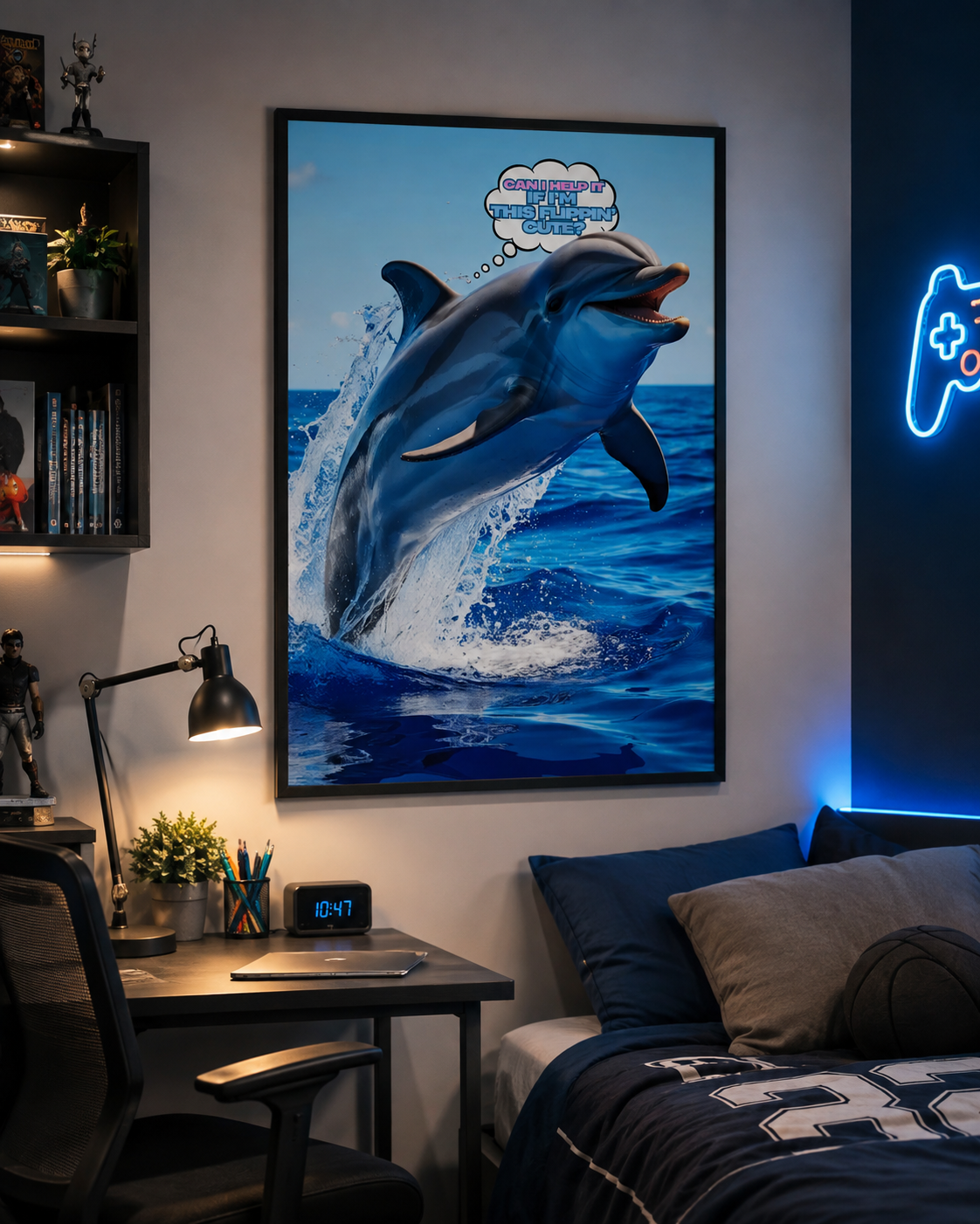 Add humor and personality to your walls with this 18x24 funny dolphin poster featuring a cheerful dolphin leaping through the ocean with the playful quote Can I Help It If I’m This Flippin’ Cute?