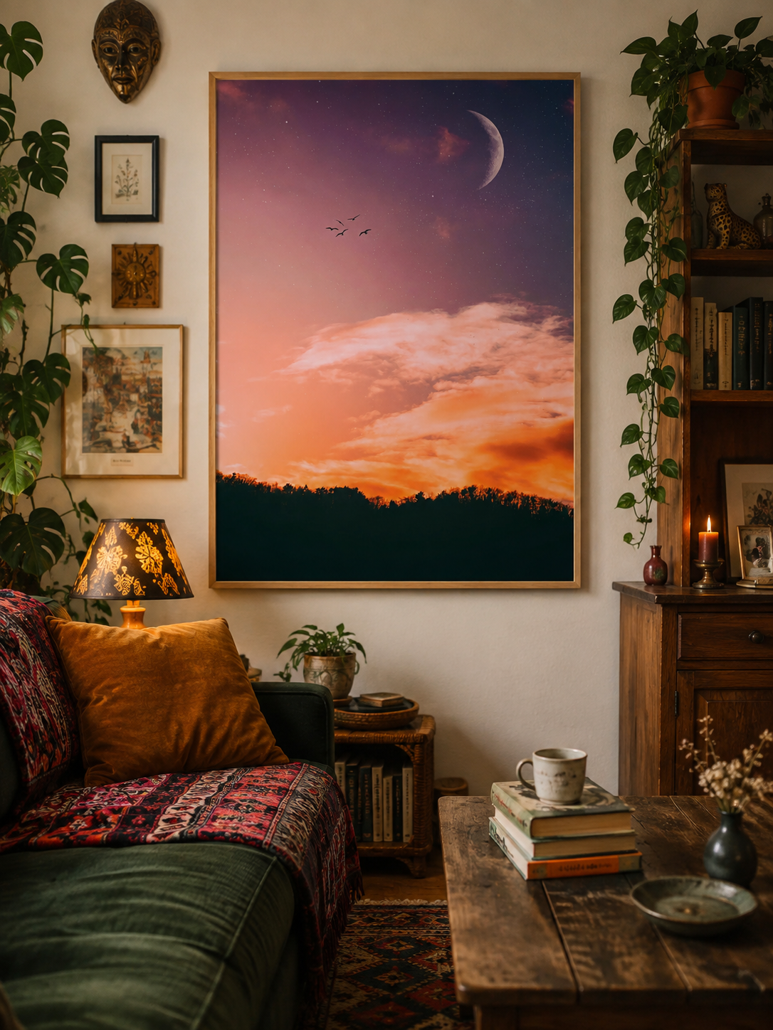 This stunning landscape features soft pink sunset clouds, a glowing crescent moon, and birds flying across a peaceful evening sky poster.