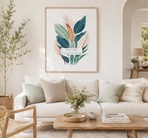 This elegant design features a modern arrangement of tropical leaves in soft, earthy colors paired with the relaxing phrase says Easy Like Sunday Morning. 18x24 Easy Like Sunday Morning Botanical Poster.