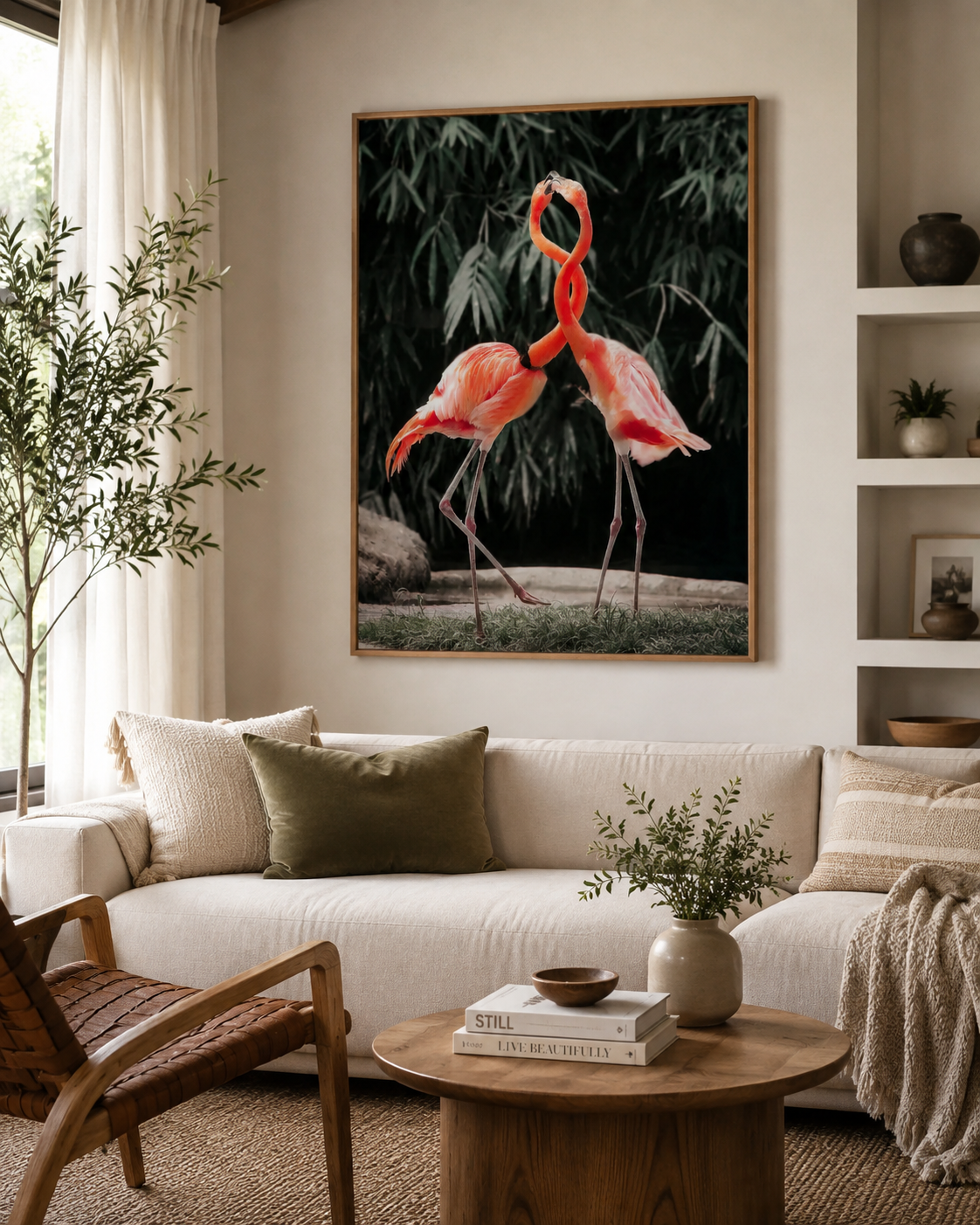 This stunning wildlife photograph captures two flamingos standing together with their necks intertwined in a graceful heart like shape in this 18x24 Flamingo Pair poster.