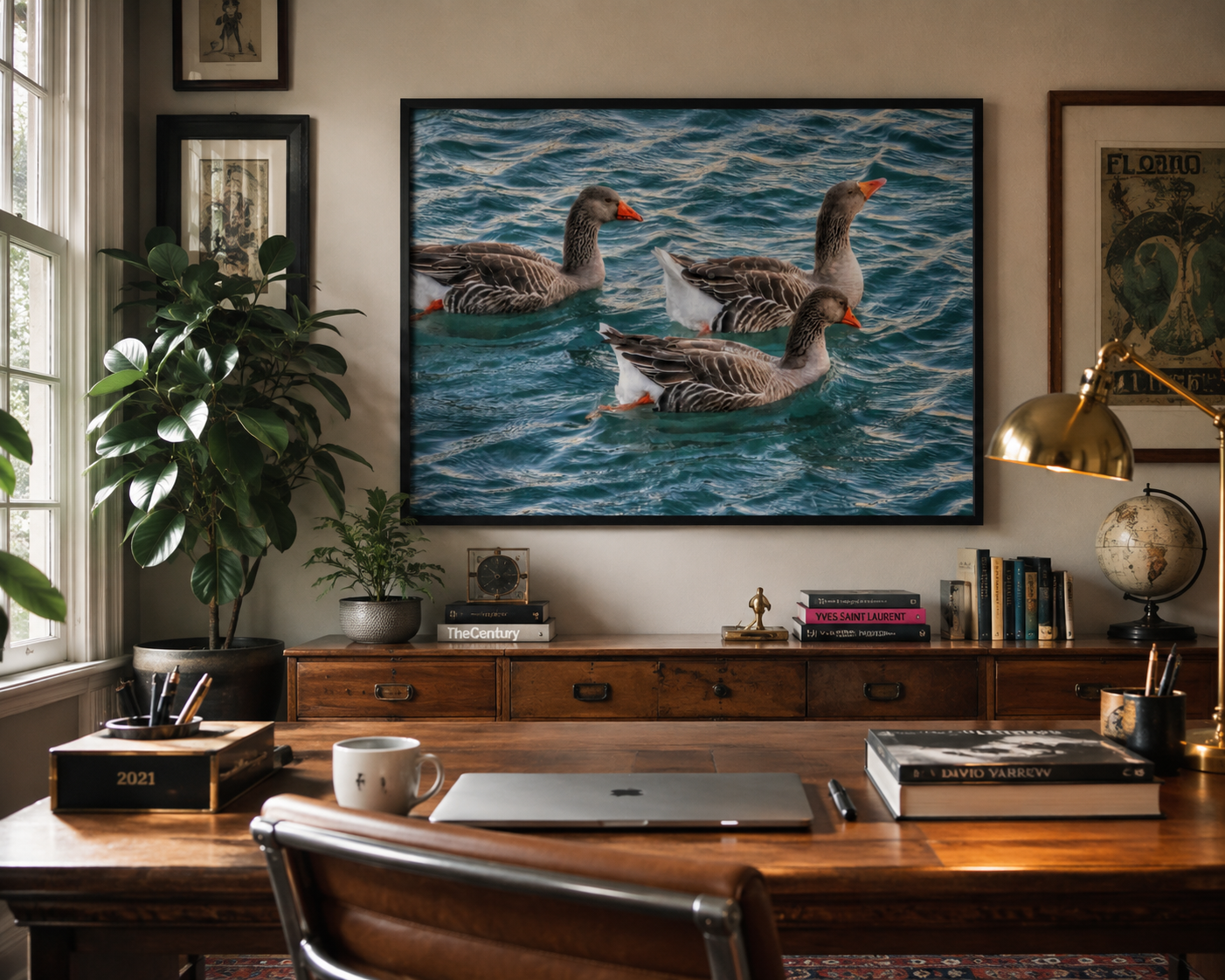This striking wildlife photograph captures a group of geese gliding across gently rippling water, showcasing the natural grace and peaceful movement of birds in their habitat.