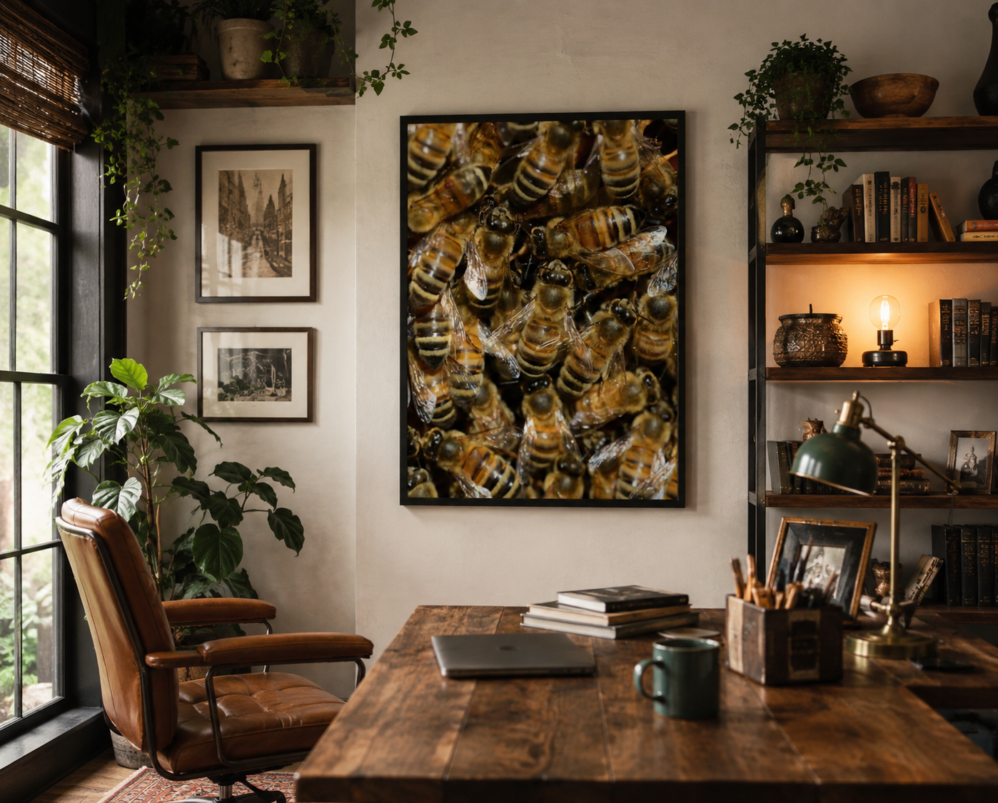 In this 18X24 Honeybee Swarm Macro Poster. This close up macro photograph reveals the intricate details of a honeybee colony, highlighting the delicate wings, striped bodies, and cooperative movement within the hive.