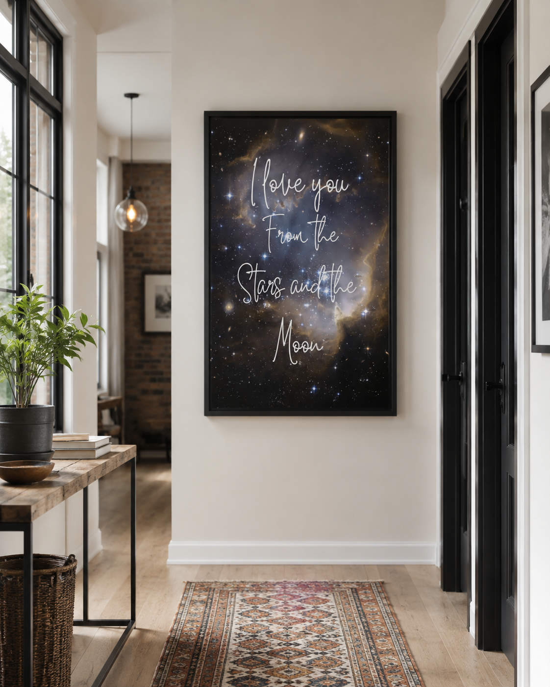 Celebrate love that reaches across the universe with this beautiful 18x24 I Love You From the Stars and the Moon Poster. Set against a stunning cosmic background filled with glowing stars and galaxies, this romantic design features elegant handwritten typography that expresses deep affection and connection Poster.