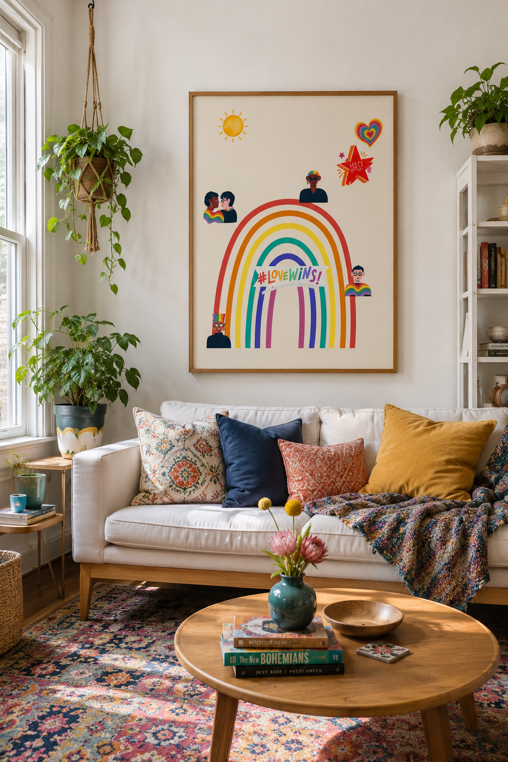 Celebrate equality, love, and pride with this vibrant 18x24 Love Wins Pride Poster. This joyful design features a bold rainbow arch and playful illustrations that represent unity, acceptance, and celebration within the LGBTQ+ community.