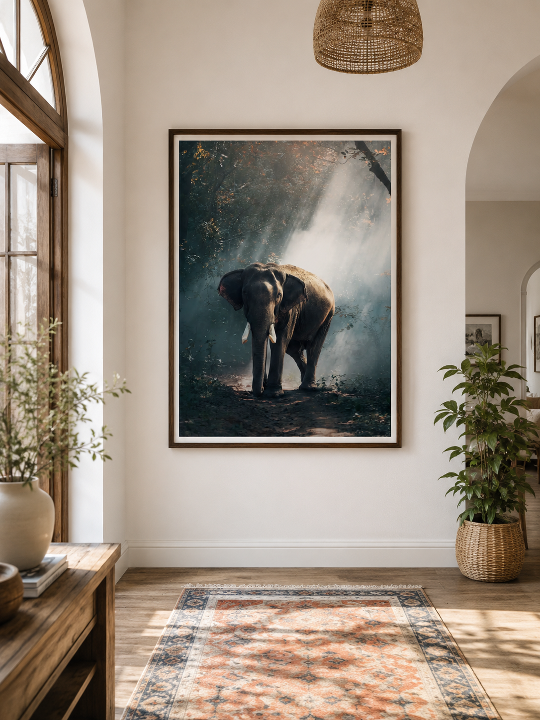 Experience the quiet power of nature with this 18x24 Majestic Elephant Forest Poster. This dramatic wildlife photograph captures a lone elephant walking along a forest path as beams of sunlight filter through the trees and morning mist.